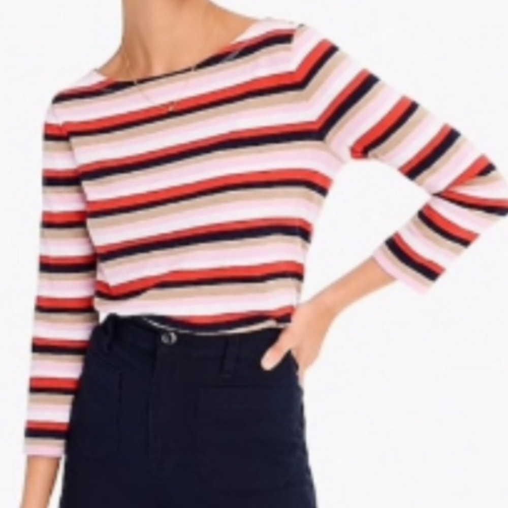 J. CREW Classic Boatneck Red Navy Striped Long Sleeve Tee NEW